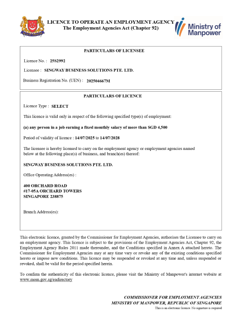 MOM employment agency certificate