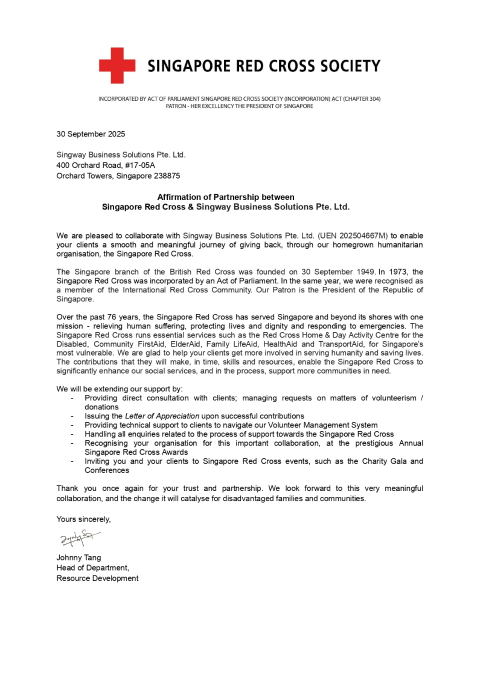 Singapore Red Cross partner certificate