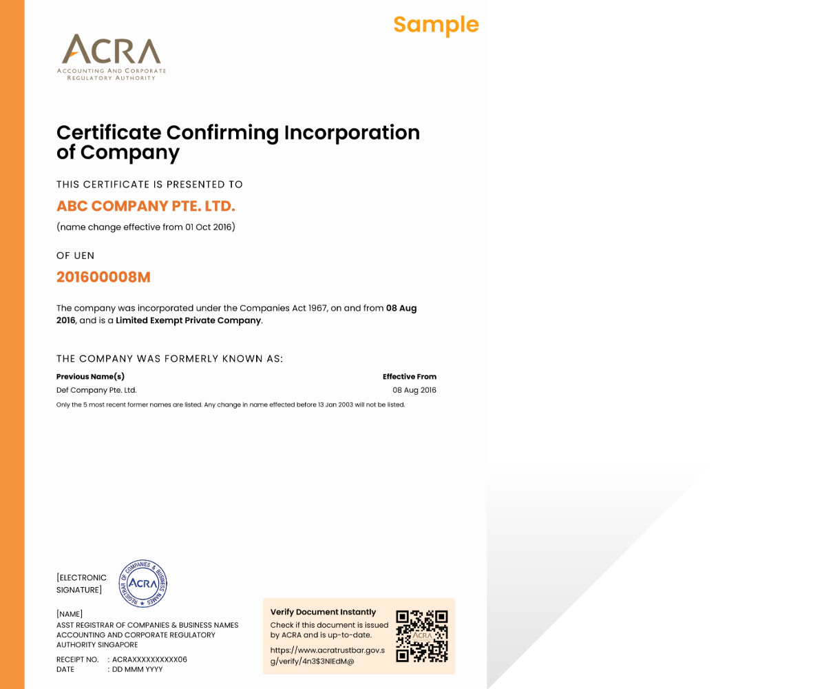 Sample ACRA certificate confirming incorporation