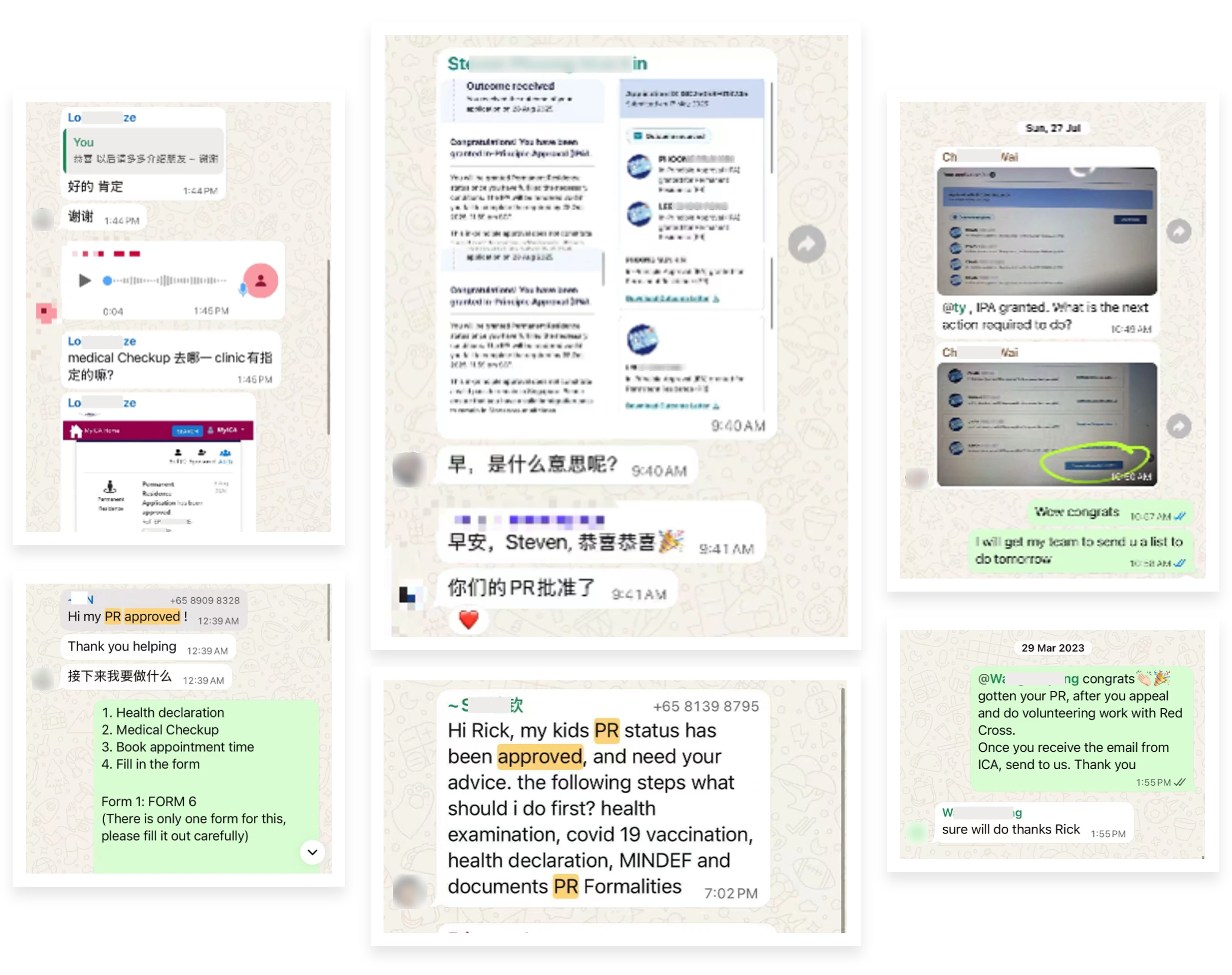 Collage of real Singapore PR approval and follow-up client conversations